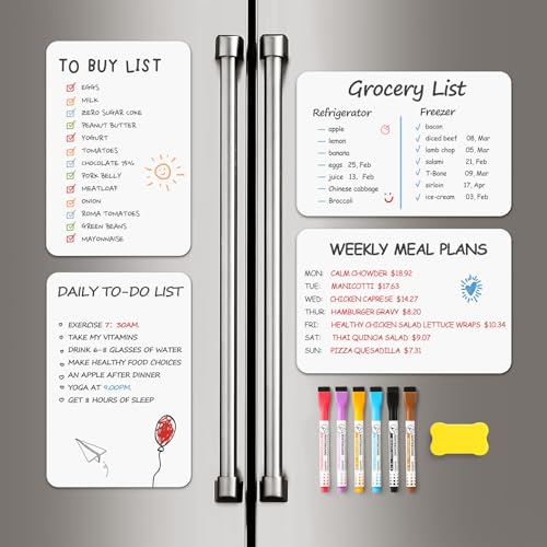 4 PACK Magnetic Dry Erase Board Sheet for Fridge, 12"x8" Erasable Refrigerator WhiteBoard w/ 6 Markers & 1 Eraser- Smooth and Flexible Small Magnet Blank Notepad for Home Kitchen Organizer and Planner