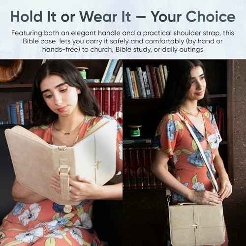 Bible Cover Case for Women, Elegant & Practical Bible Case with Shoulder Strap, Light Beige Leather Bible Cover, Feminine Bible Bag, Hardwearing & Soft Bible Covers for Ladies