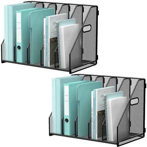2 Pack Desktop File Magazine Folder Holder 5 Vertical Compartments, Desk Organizer Vertical Magazine Folder Organize with Side Handles, for Office Home School, Black