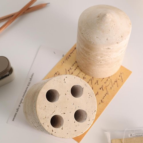 JIMEI True Natural Travertine Marble Rotating Revolver Pen Holder Stand for Desk - Free Spinning Executive Pencil Holder - Cool Gadgets For Desktop Organizer, Birthday Gifts for Men & Women