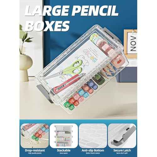 4 Pack Extra Large Pencil Box, Plastic Pencil Case Organizer, Clear Crayon Box Marker Organizer, Stackable Craft Organizers and Storage for Pen, Craft, Art Supply(Grey)