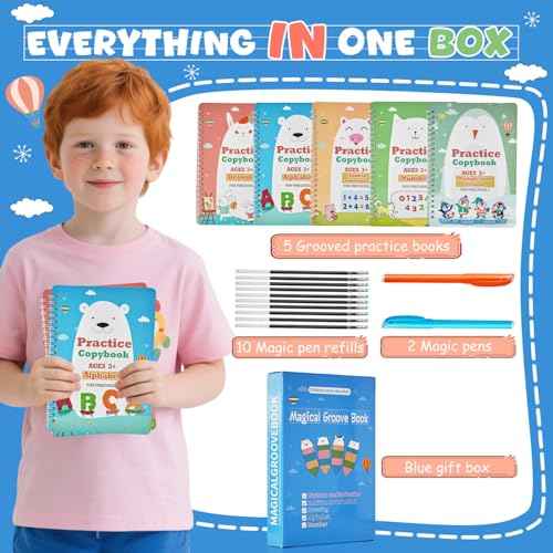 Magic Grooved Writing Books for Kids-Handwriting Practice for Kids 5-8 - Tracing Books for Kids Ages 3-5 - Preschool, Kindergarten Learning-Letters, Numbers, Math, Drawing (Blue Box, 9.45 in x 6.5 in)
