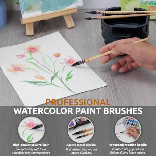 DUGATO 100% Real Squirrel Hair Watercolor Paint Brushes Set ? Mop Round Fine Tip Professional Artist Brushes for Gouache, Acrylic, Oil & Wash Techniques (4 Brushes)