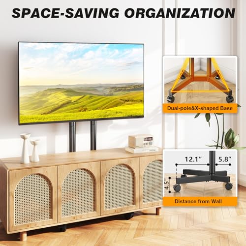 5Rcom Dual-Pole Rolling TV Stand for 32-75 inch LCD LED Flat & Curved TVs, Height Adjustable Portable TV Stand with Lockable Wheels, Mobile TV Cart up to 88lbs for Bedroom, Living Room, Outdoor