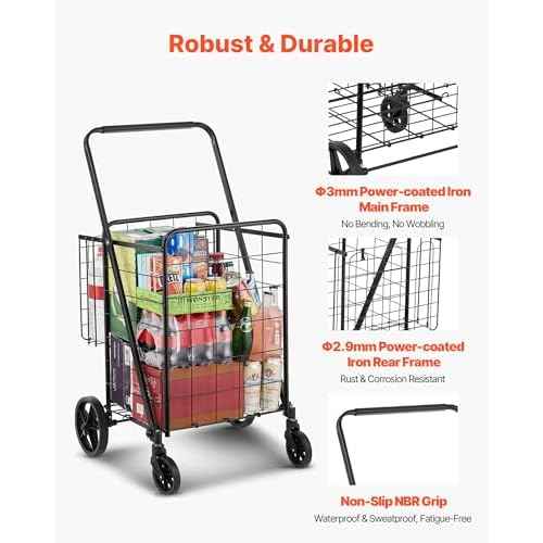 VEVOR Folding Shopping Cart, Jumbo Grocery Utility Cart with Double Baskets, 360¡Æ Swivel Wheels, 110 LBS Large Capacity Heavy Duty for Laundry, Shopping, Grocery, Luggage, Black