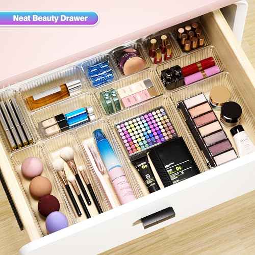 47 PCS Clear Plastic Drawer Organizer Set - 4 Sizes Makeup Organizer Desk Drawer Divider Bathroom Organizers and Storage Bins for Makeup, Jewelry, Gadgets, Office, Kitchen, Bedroom, Bathroom