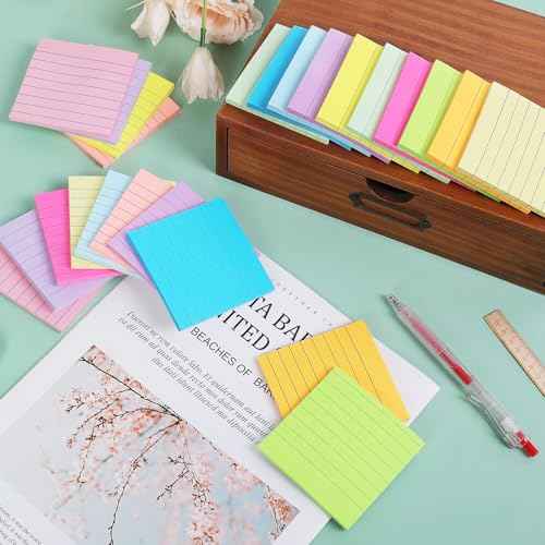 (24 Pack) Lined Sticky Notes 3x3 in Ruled Stickies Super Sticking Power Memo Pads,12 Bright Multi Colors Sticky Notes with Lines Self-Stick Note Pads