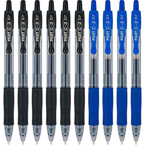 PILOT G2 Premium Refillable & Retractable Rolling Ball Gel Pens, 0.7mm Fine Point, 6 Black and 4 Blue Pens (Pack of 1, 10 Count Total)