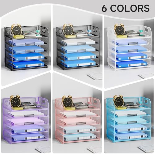 Paper Organizer Letter Tray with Handle Mesh 5 Trays Desk File Organizer Paper Sorter Desk Organizer for Office, Home or School-Black