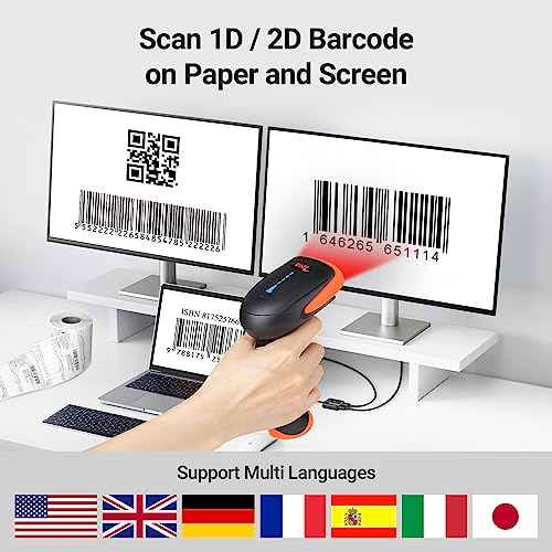 Tera Barcode Scanner Wireless 1D 2D QR with Stand: Battery Level Indicator 3 in 1 Works with Bluetooth 2.4G Wireless USB Wired Handheld Bar Code Reader with Vibration Alert HW0002 Orange