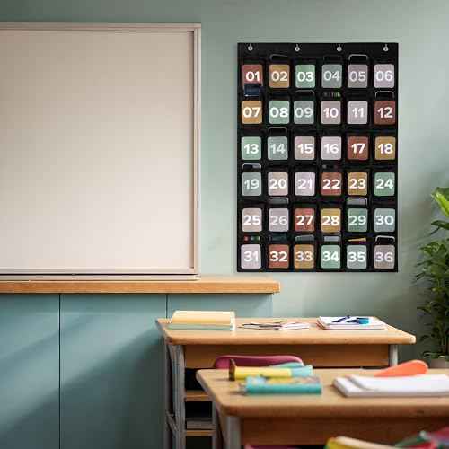 Premium Cell Phone Holder for Classroom - Durable Pocket Chart with 36 Numbered Slots & Hooks - The Perfect Hanging Chart for Phones, Calculators and Headphones Fits Nicely with Any School Decor