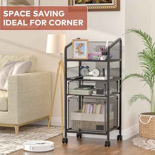 2 Drawer File Cabinet with Adjustable Dividers - 4-Tier Mobile Vertical Filing Cabinet on Lockable Wheels,Hanging File Organizer Cart for Letter-Size,Rolling Utility Cart for Home Office
