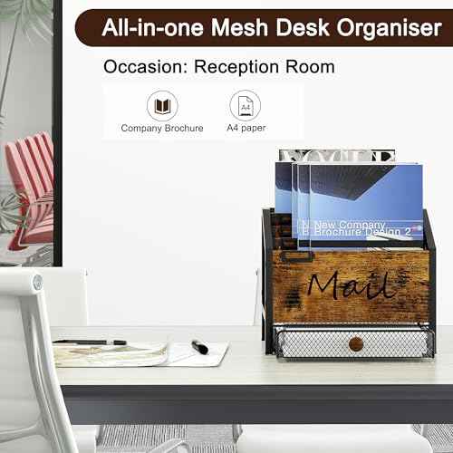 Mail Organizer - 4 Slots Wooden Desk Organizer with Mesh Drawer, Countertop Mail Receipt Business Card Holder, Vertical File Sorter Letter Tray, Black/Antique