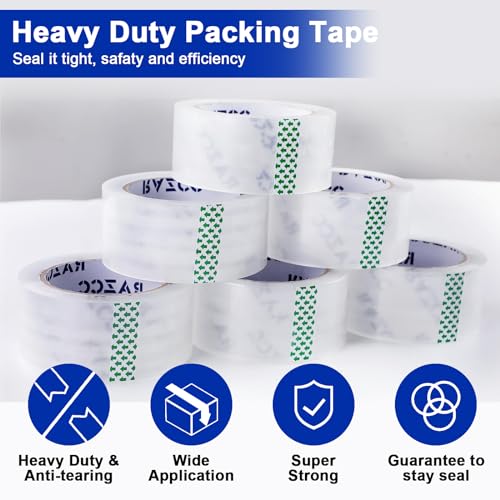 RAZCC Heavy Duty 2-Inch Clear Packing Tape 12 Rolls with Dispensers - Strong Sealing for Shipping & Moving