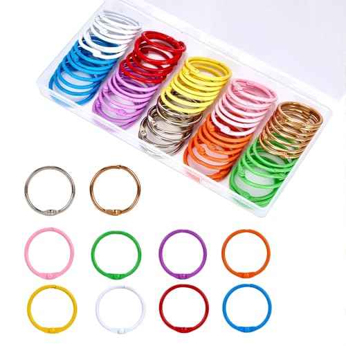 70Pcs Binder Rings, 1 1/5 Inch Metallic Loose Leaf Binder Ring, Binding Rings for Index Cards, Colorful Book Keychain Key Rings for Paper Notebook Office School Home, 10 Colors