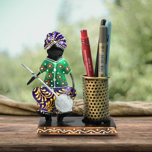 Hastvikas Handcrafted Metal Pen Holder with Tribal Musician Figurine | Decorative Desk Organizer for Office, Study Table & Home Décor | Compact Stationery Stand (Green)