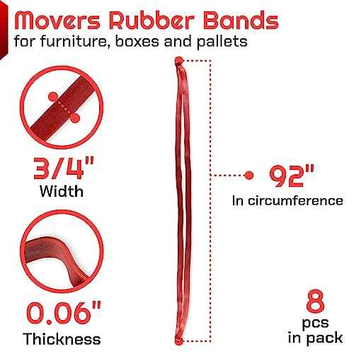 IDL Packaging 92" Strong, Elastic & Flexible Rubber Bands, Pack of 8, Red - 2X Elasticity, 80% Natural Rubber - Extra Strong Mover Bands for Furniture, Boxes, Moving Blankets