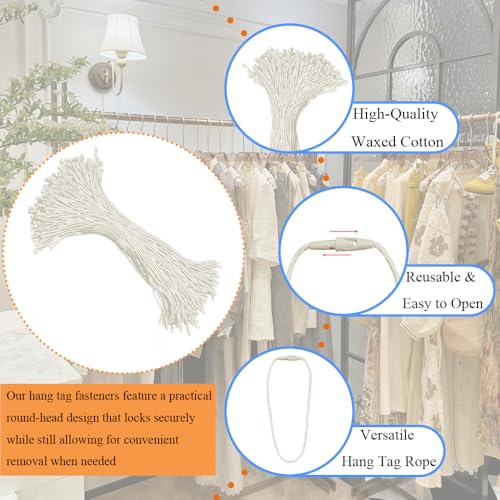 SATONBEYI 200Pcs 1.5mm Beige Waxed Cotton Hang Tag Fasteners, 7.5" Loop Lock Pins