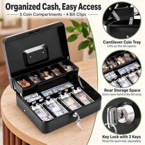KYODOLED Black Metal Cash Box with Key Lock & Money Tray - 1mm Steel