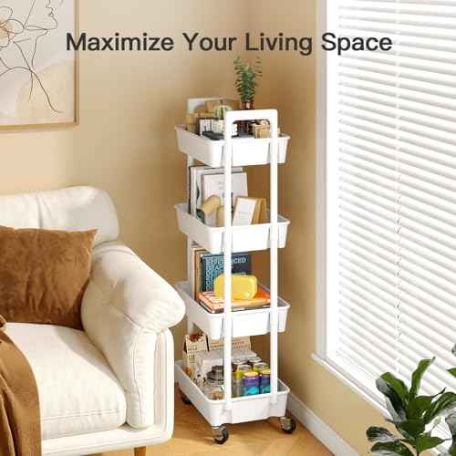 Pipishell 4 Tier Rolling Cart Organizer, Plastic Rolling Cart with Lockable Wheels & Reinforced Handle, Lightweight Utility Cart Storage Cart for Nursery, Kitchen, Bathroom, Craft Room, White, PIUC15W