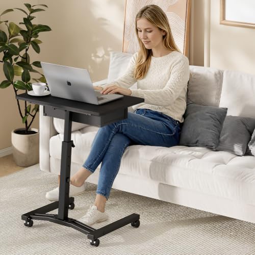 Cidaziya Black Adjustable Height Rolling Laptop Desk With Drawer for Small Spaces