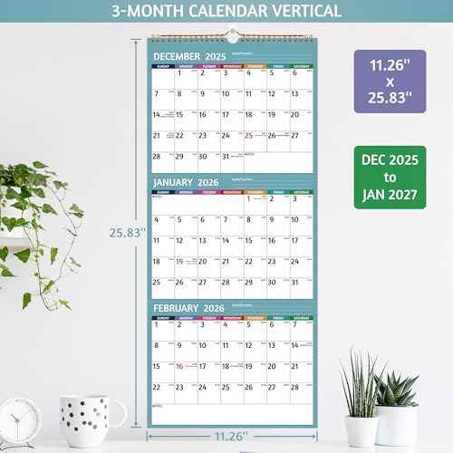 2026 Wall Calendar - 3 Month Calendar 2026 Vertical, Jan 2026 - Dec 2026, 3 Month Wall Calendar 2026, 11 x 26 In Open, 2026 Calendar with Large Print, Holidays, Thick Paper, Priorities £¦ Notes