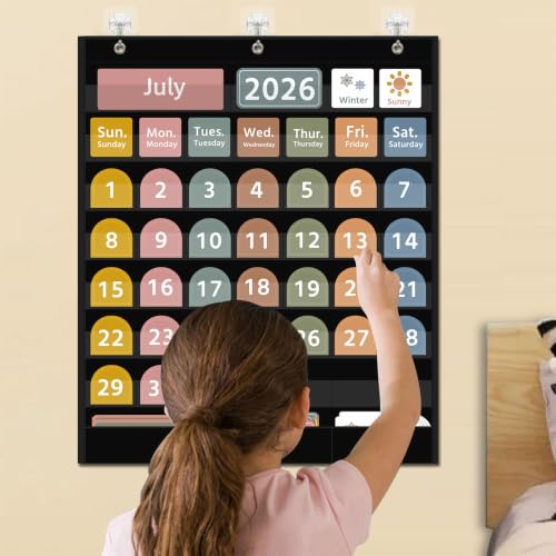 REGELETO Black Boho Calendar Pocket Chart for Classroom & Home, 32.25 x 24.125 inch