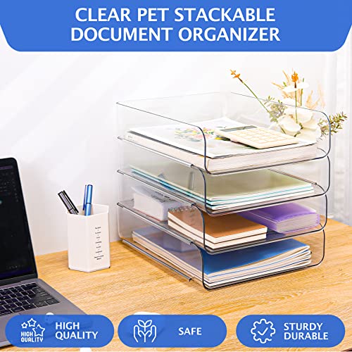 Set of 4 Office Organization and Storage, Clear PET Letter Tray Desk Organizer, Stackable Paper Tray Organizer for Desk Accessories, Notes, Pens, File Paper, Document