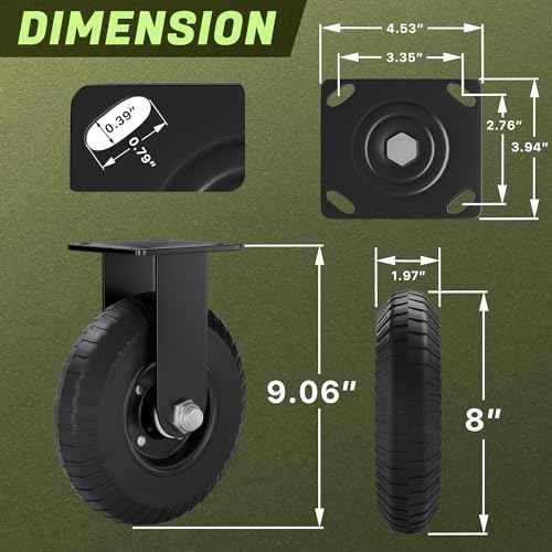 Fixed 8inch Caster Wheel Set of 2, 1100lb Heavy Duty Caster Wheels with Solid Rubber, Plate Casters with Double Ball Bearing and Knobby Tread Suitable for Workbench, Dolly, Cart & Chicken Coop