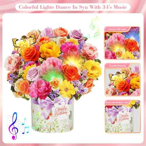 XTF2015 Birthday Cards with MUSIC & LIGHTS, Happy Birthday Card, Peony & Butterfly, 13 Inch Life Sized Forever Flower Bouquet 3D Pop Up Music Cards for Mom Daughter Women Wife