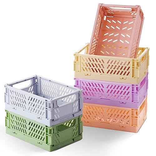6-Pack Small Pastel Plastic Storage Baskets, Collapsible Crates for Organizing, Space-Saving Mini Bins for Classroom, Kitchen, Office, Bedroom (5.9" x 3.8" x 2.2")