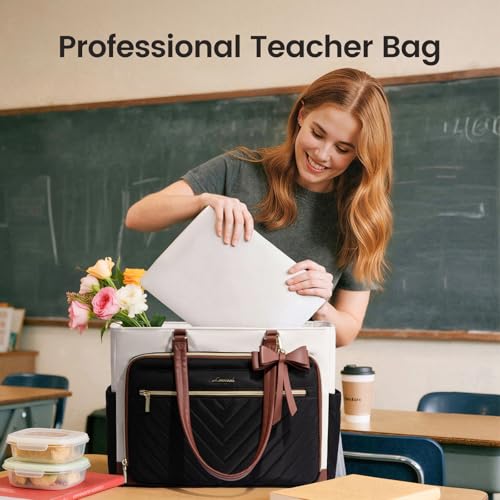 LOVEVOOK Teacher Tote Bag for Women, Work Bags Laptop Bag with Large Cup Holder, Quilted Nurse Bag Diaper Tote with Multi-Pockets, Large Computer Handbag Purse for Bussiness Travel, Office, College