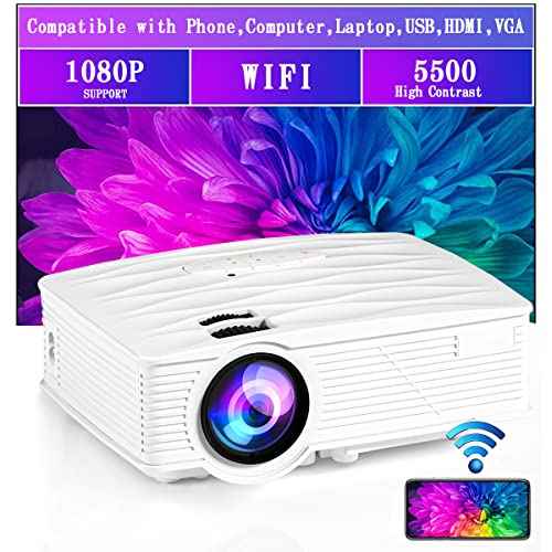 Laptop Computer Portable Projector WiFi Video Movie Outdoor Home Cinema HDMI Multimedia 5500Lux 1080P support Keystone Correction Compatible with TV, PC, HDMI, USB, VGA, iOS/Android