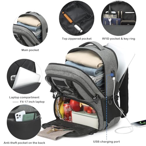 Laptop Lunch Backpack for Men - 40L Large Capacity Work Backpack with Lunch Compartment and USB Post, RFID Insulated Cooler Backpack for Work, Travel, Picnic, Black+Gray