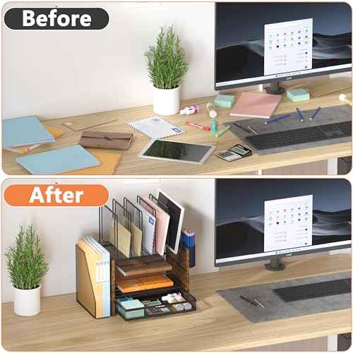 Piskyet Desk Organizer and Accessories, Wooden Desk File Organizer with Drawer,5 Vertical File Holders and 2 Pen Holders,Fancy Desktop Storage for Home Office
