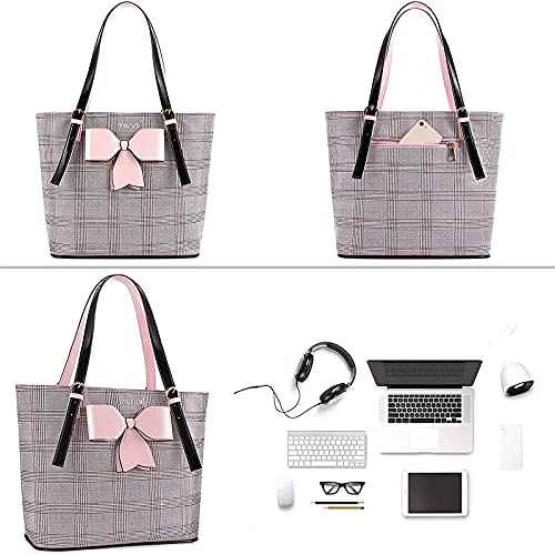 MOSISO Laptop Bag for Women Compatible with MacBook, 17-17.3 inch Notebook and Chromebook, PU Leather Large Capacity Travel Briefcase with Bowknot Grid MO-GID001GYPK