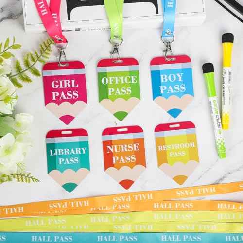 6 Sets Hall Passes for Classrooms, PVC Hall Lanyards Passes for Hall Bathroom Library Office Boy Girl and Nurse Ideal for Classroom School Supplies. (Pencil)