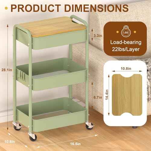 3 Tier Metal Utility Cart, Rolling Storage Cart with Wooden Tabletop, Metal Organizer Cart with Lockable Wheels for Office, Bedroom, Kitchen and Living Room (Green)
