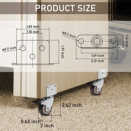 Nefish 2 Inch Side Mount Casters 8 Pack, L-Shaped TPR Rubber Caster Set of 8, Ball Bearing 360 Degree Plate Swivel Castors Wheel, Corner Castors Wheels for Furniture, Baby Bed, Kitchen, Cabinet, Table