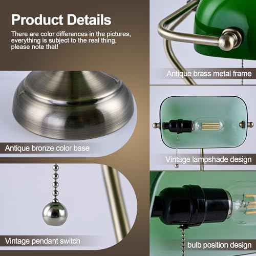 Green Glass Bankers Lamp, Glass Shade, Desk Lamp, Classic Retro Chrome Finish E26 Base Bulb Included, Vintage Desk Lamp Traditional Library Lamp for Office, Study Room