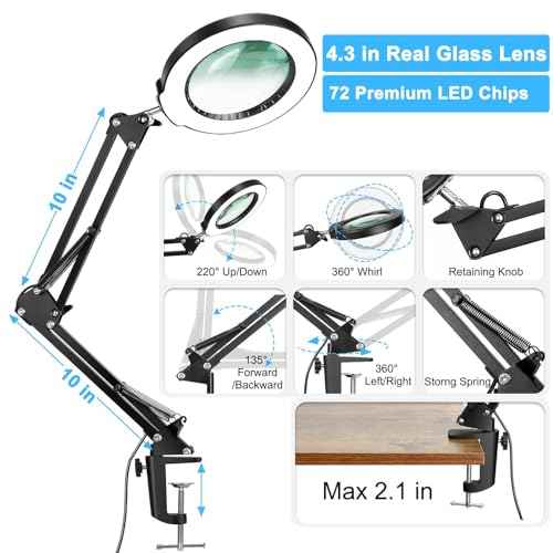 10X Magnifying Glass with Light and Clamp, Real Glass Stand Lighted Magnifier, 5 Color Modes Stepless Dimmable LED Desk Lamp Hands Free for Crafts Hobby Reading Painting Sewing Close Work