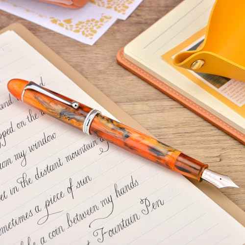 Asvine V800 Fountain Pen -Vacuum Filling System with Large Ink Capacity-Number 8 Stub Nib 1.1mm Calligraphy Art Drawing with Wrench - Amber Acrylic