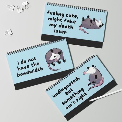 Opossums At Work Desk Sign - Funny 12-Page Spiral Flip Stand | 10x5 Inch Professional Mood Display