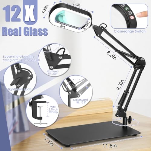 Drdefi 12X Square Magnifying Desk Lamp with Light & Clamp - Black