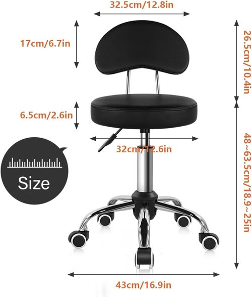 KKTONER Rolling Stool - Height Adjustable PU Leather Swivel Chair with Wheels | Black Mid Back Design
