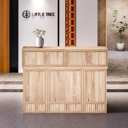 LITTLE TREE 57-Inch Reception Counter, Boho Style Front Desk, Modern Checkout Counter, Reception Desk for Retail, Lobby, Salon, Office, Oak