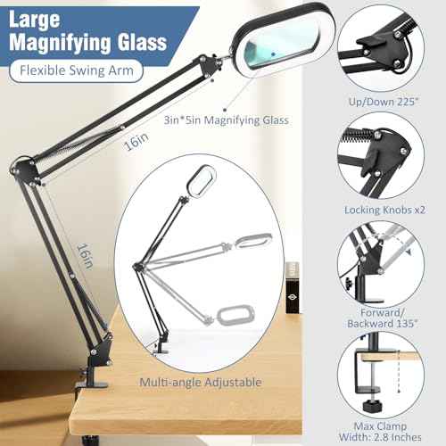 10X Rectangle Magnifying Glass with Light and Clamp, 2*16 Inch Large Swivel Arm LED Desk Lamp, 5 Color Modes Brightness Steepless Dimming, Hands Free Lighted Magnifier Stand for Craft Reading Painting