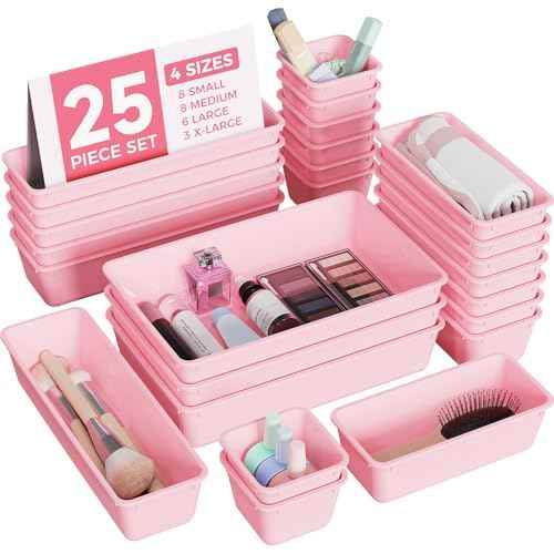 25 PCS Plastic Drawer Organizers Set, 4-Sizes Vanity and Makeup Organizer, Desk and bathroom Drawer Organizer Trays, Organizers and Storage for Makeup, Jewelry, Gadgets, Utensils (Pink)
