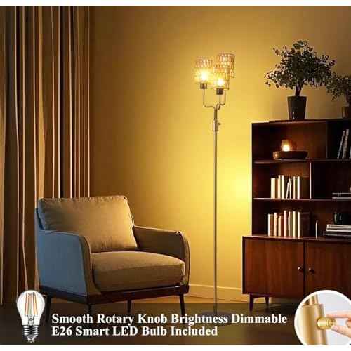 Rattan Gold Floor Lamp for Living Room, Boho Farmhouse Floor Lamps Dimmable with Elegant Wicker Shade and 3 LED Bulbs, Modern Torch Standing Lamp for Bedroom Office