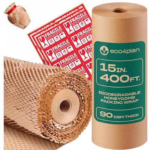 Honeycomb Packing Paper | Extra Thick 90 GSM Packing Wrap | Biodegradable Packing Materials: 15¡± x 400¡¯ Moving Paper + 30 Fragile Stickers | Paper Bubble Wrap/Packing Bubbles Substitute